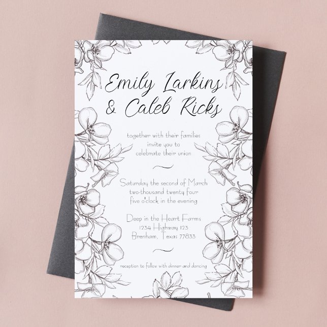 Convites Casamento de Arte de Linha Floral Preta e Branca (black and white line art floral border wedding invitation script cursive typography elegant design)