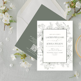 Convites Casamento de Arte de Linha Floral Verde Elegante S
