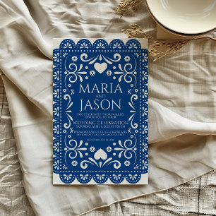 Convites Casamento de Arte do Folk Branco Azul Papel Picado