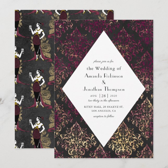 Convites Casamento de Arte Dourada do Vinho em Paris Burgun (Frente/Verso)