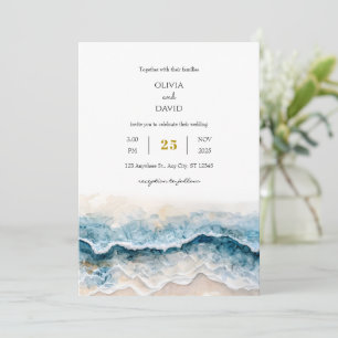 Convites Casamento de Arte em Aquarela com Ondas Azuis na P