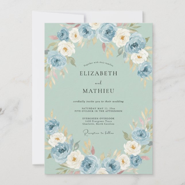 Convites Casamento de Arte Floral Azul (Frente)