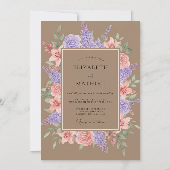Convites Casamento de Arte Floral Lilás Blush (Frente)