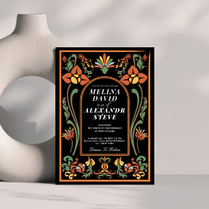 Convites Casamento de arte floral vintage preto e laranja