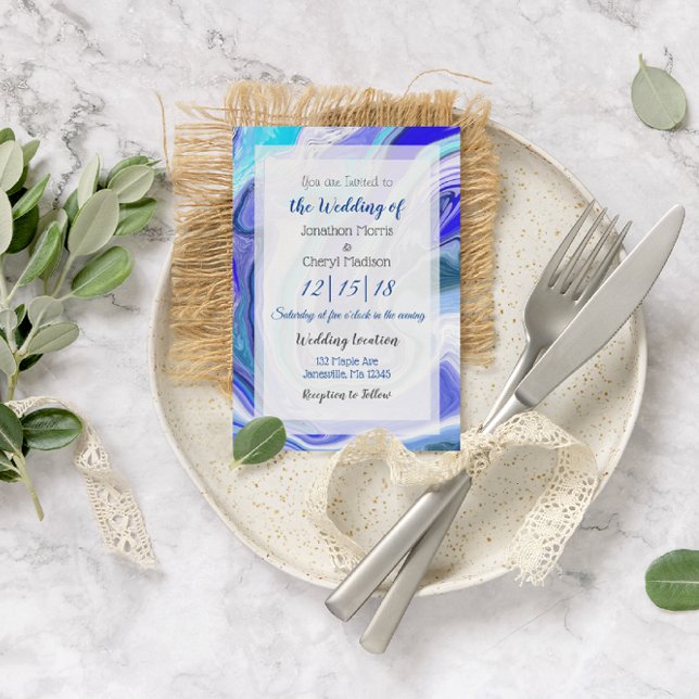 Convites Casamento de Arte Fluida Marble Azul (Criador carregado)