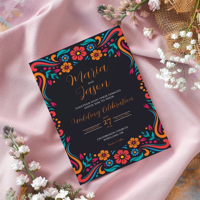Convites Casamento de Arte Folar Preta e Tradicional Mexica (Mexican Black Floral Traditional Folk Art Wedding Invitation)