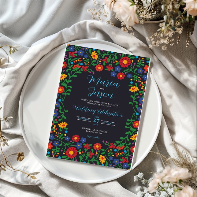 Convites Casamento de Arte Foliar Preta Mexicana (Mexican Black Floral Colorful Folk Art Wedding Invitation)