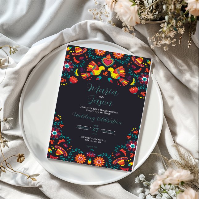 Convites Casamento de Arte Folk do México Black Fiesta Somb (Mexican Black Fiesta Sombrero Folk Art Wedding Invitation)