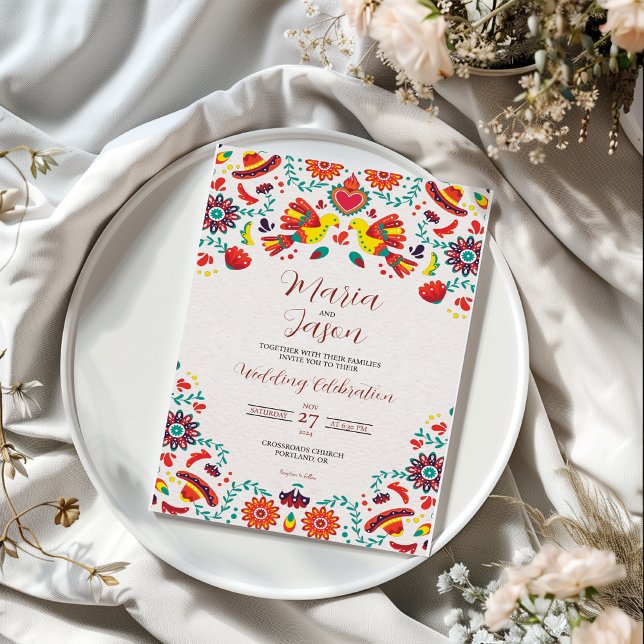 Convites Casamento de Arte Folk Mexicano Fiesta Sombrero (Mexican Fiesta Sombrero Folk Art Wedding Invitation)