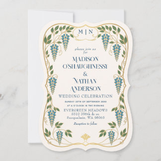 Convites Casamento de Arte Nova Dourada com Wisteria Azul