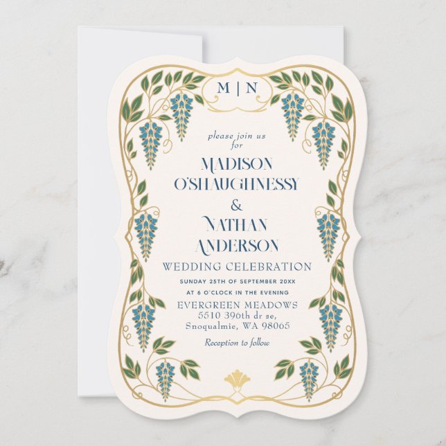 Convites Casamento de Arte Nova Dourada com Wisteria Azul  (Frente)
