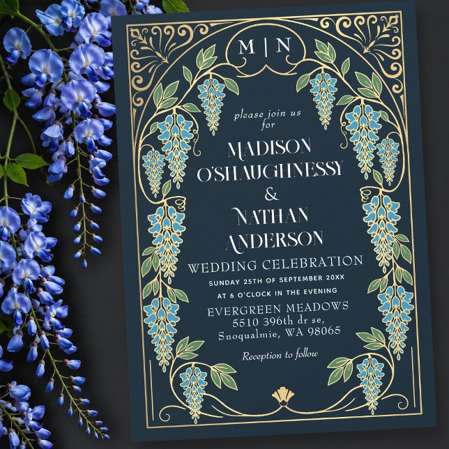 Convites Casamento de Arte Nova Dourada com Wisteria Azul (Criador carregado)