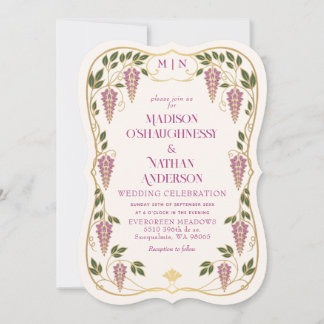 Convites Casamento de Arte Nova Dourada com Wisteria Rosa