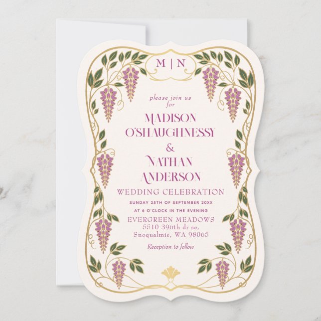 Convites Casamento de Arte Nova Dourada com Wisteria Rosa (Frente)