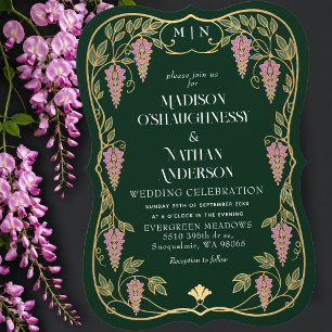 Convites Casamento de Arte Nova Dourada com Wisteria Rosa