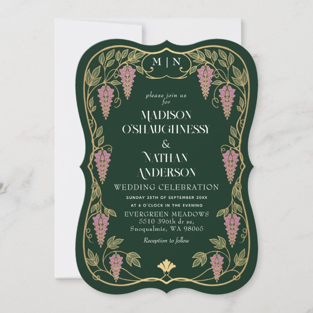 Convites Casamento de Arte Nova Dourada com Wisteria Rosa  (Frente)