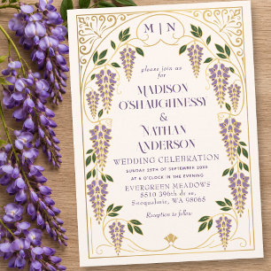 Convites Casamento de Arte Nova Dourada com Wistéria Roxa