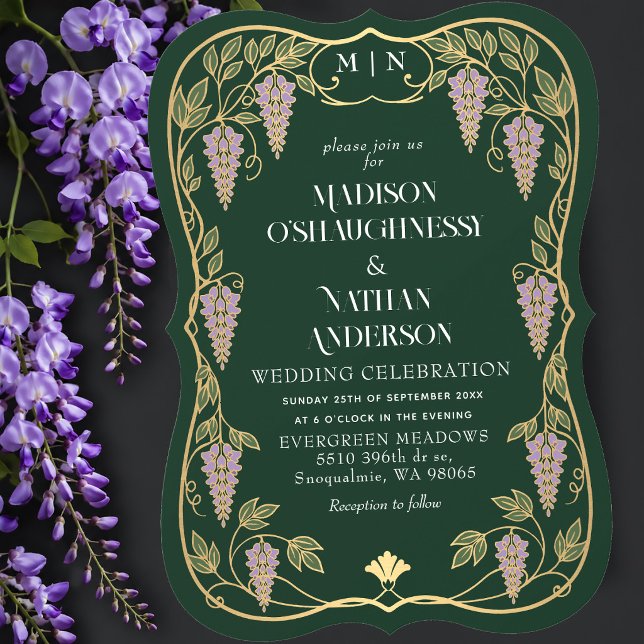 Convites Casamento de Arte Nova Dourado Roxo Wisteria  (Criador carregado)
