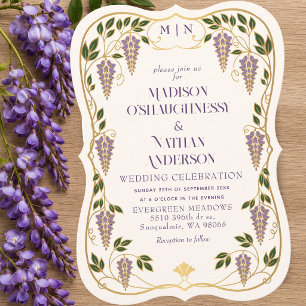 Convites Casamento de Arte Nova Dourado Roxo Wisteria