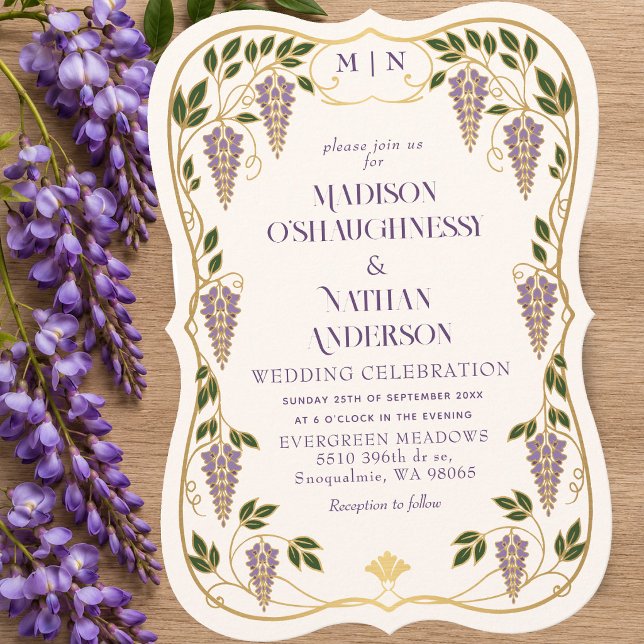 Convites Casamento de Arte Nova Dourado Roxo Wisteria  (Criador carregado)