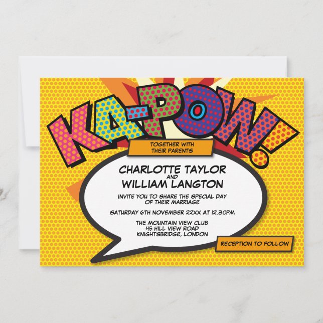 Convites Casamento de Arte Pop de Quadrinhos Modernos Tipog (Frente)