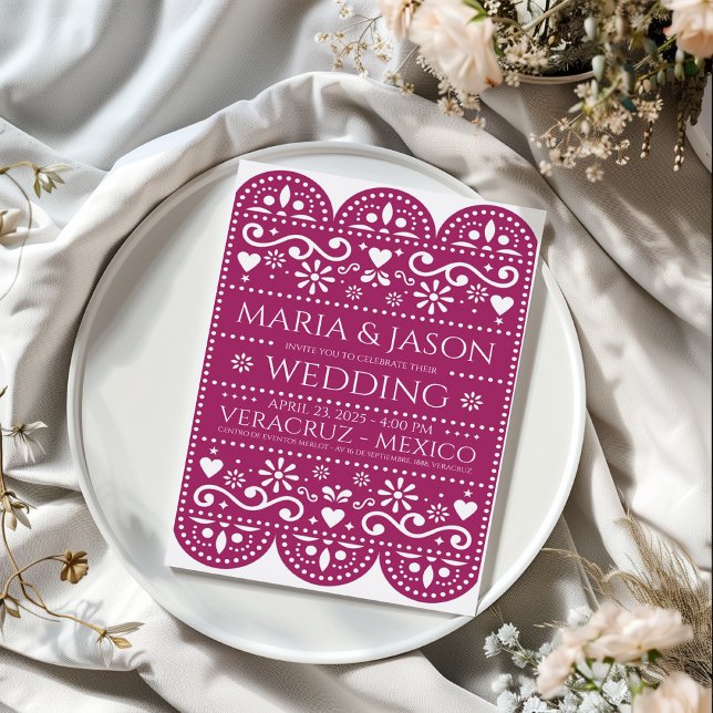 Convites Casamento de Arte Popular com Papel Picado Magenta (Mexican Magenta Papel Picado Folk Art Wedding Invitation)