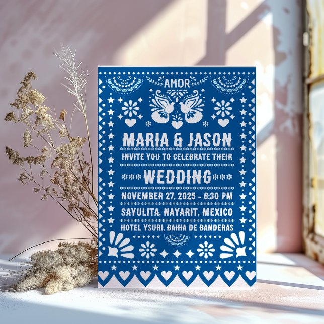 Convites Casamento de Arte Popular Fiesta Papel Picado Azul (Mexican Blue Papel Picado Fiesta Folk Art Wedding Invitation)