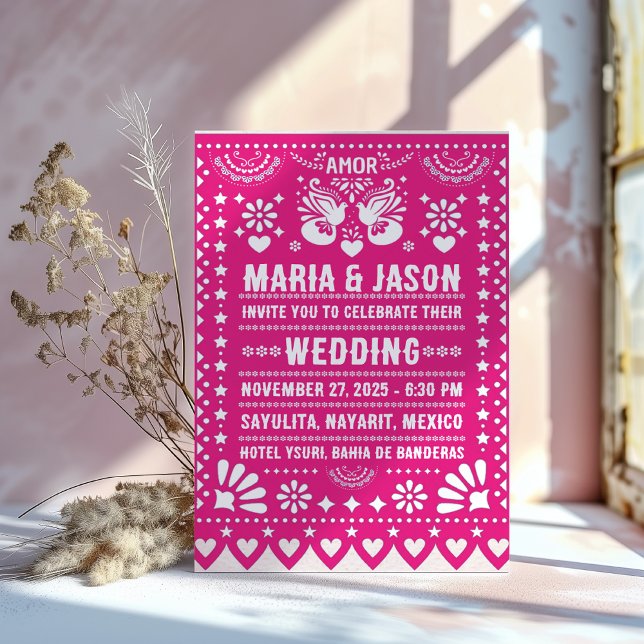 Convites Casamento de Arte Popular Fiesta Papel Picado Rosa (Mexican Pink Papel Picado Fiesta Folk Art Wedding Invitation)