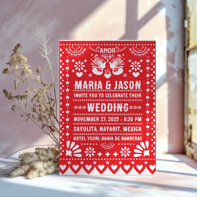 Convites Casamento de Arte Popular Fiesta Papel Picado Verm (Mexican Red Papel Picado Fiesta Folk Art Wedding Invitation)