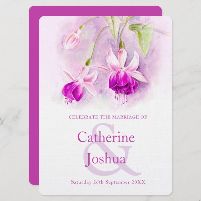 Convites Casamento de arte rosa roxa da Fuchsia (Frente/Verso)