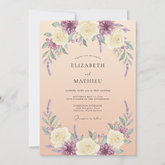 Convites Casamento de Artística Floral Lavanda Creme (Frente)