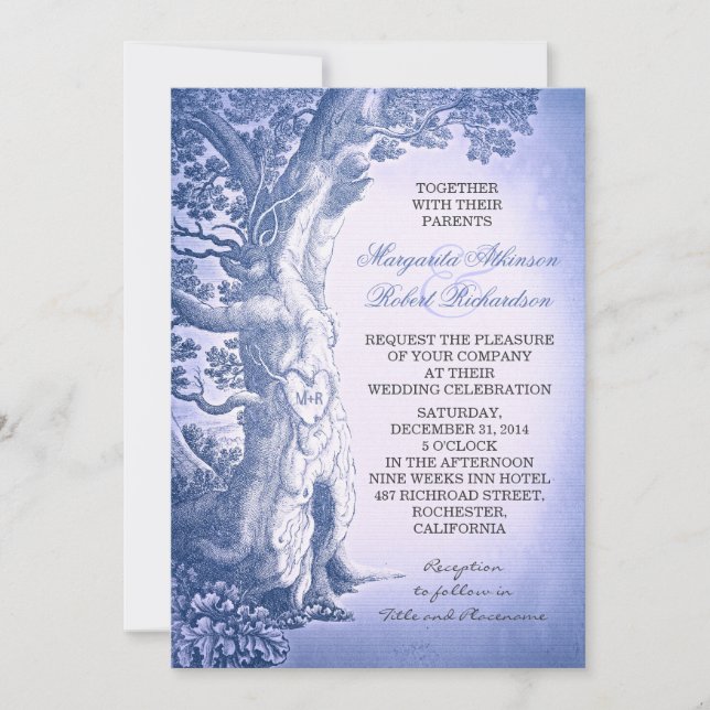 Convites Casamento de Árvore de Amor Russo com Dusty Blue V (Frente)
