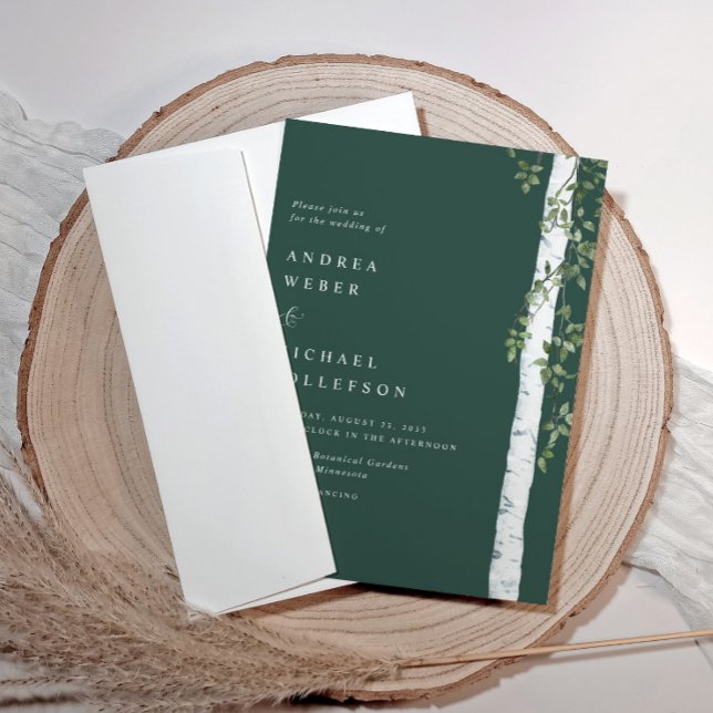 Convites Casamento de Árvore de Bétula Aspen Verde Esmerald (Birch tree wedding invitations - emerald green)