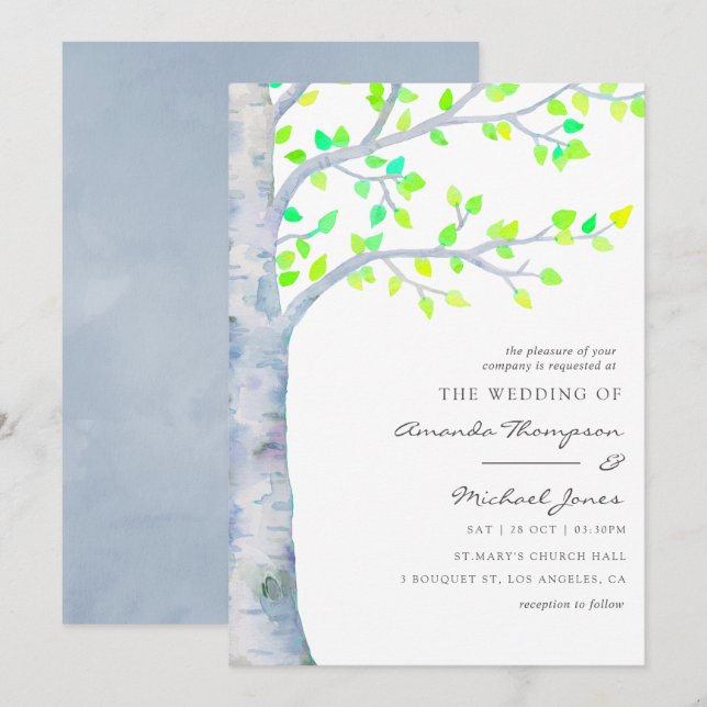 Convites Casamento de Árvore de Bétula na Primavera em Aqua (Frente/Verso)