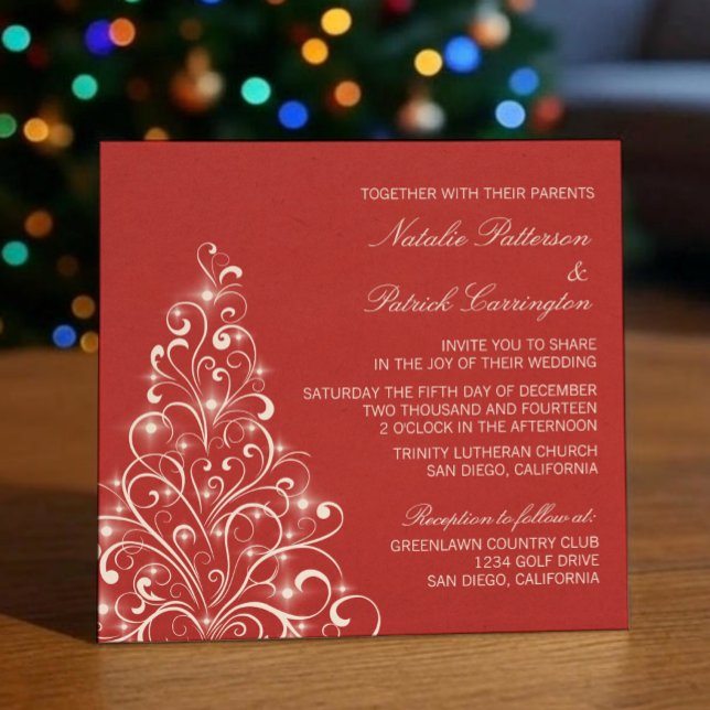 Convites Casamento de Árvore de Feriado Sparkly, Vermelho (Red Sparkly Holiday Tree Wedding Invitation)