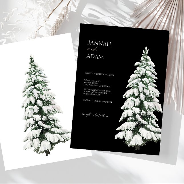 Convites Casamento de Árvore de Natal da Neve Negra de inve (Winter Black and White Snowy Pine Tree Wedding Invitation)