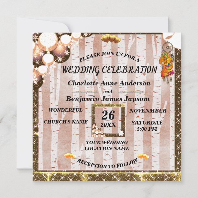 Convites Casamento de Árvore de Neve Rustic Boho Ouro Glitt (Frente)