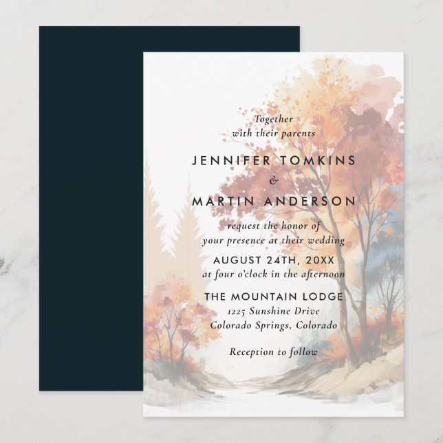 Convites Casamento de Árvore de outono de Aquarela (Frente/Verso)