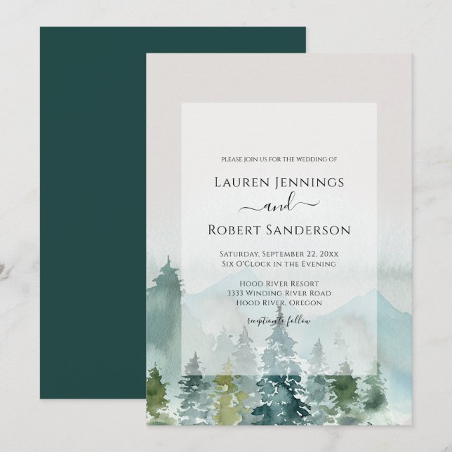 Convites Casamento de Árvore de Pinheiros da Floresta de Aq (Frente/Verso)