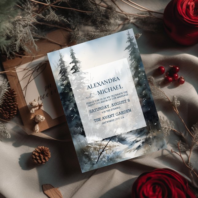 Convites Casamento de Árvore de Pinheiros Rustic Watercolor (Criador carregado)