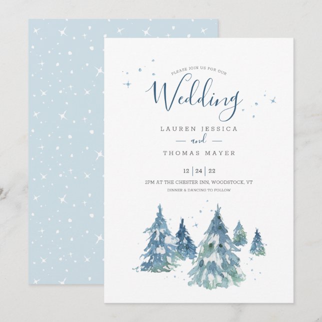 Convites Casamento de Árvore Russo de Inverno com Aquarela (Frente/Verso)