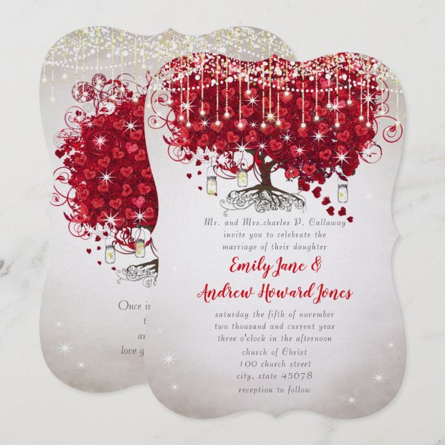 Convites Casamento de Árvore Rustic Country Mason Jar Red & (Frente/Verso)