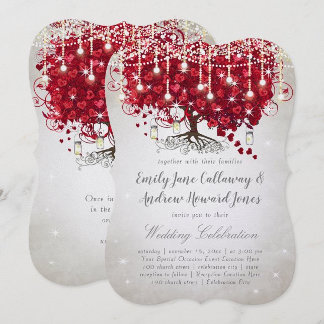 Convites Casamento de Árvore Rustic Country Mason Jar Red & (Frente/Verso)