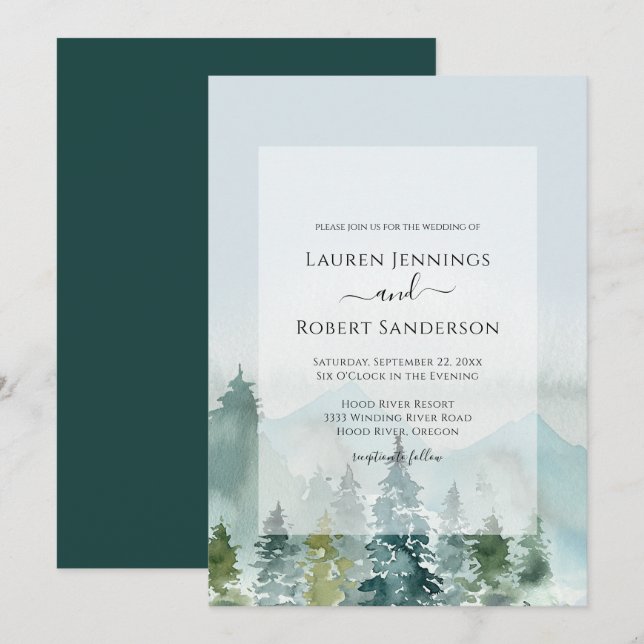 Convites Casamento de Árvores de Pinheiros Rustic Watercolo (Frente/Verso)