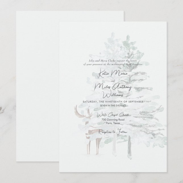 Convites Casamento de Árvores e Cervos em Aquarela Floresta (Frente/Verso)