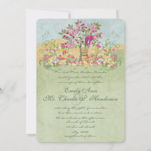 Convites Casamento de Árvores, Pássaros Verdes, Rosa-Rosa, 