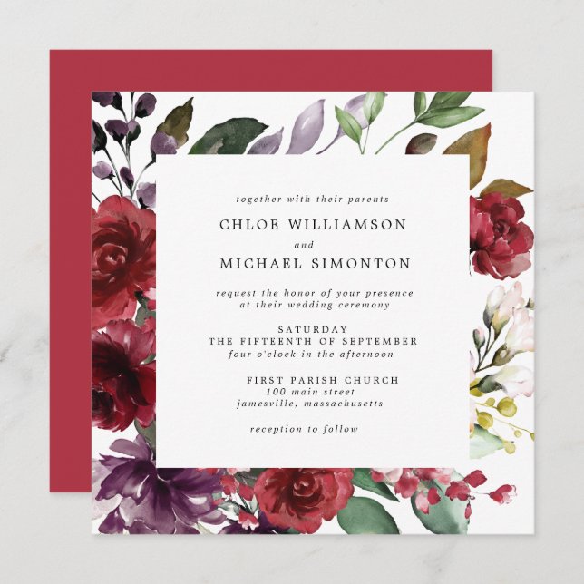 Convites Casamento de Autumn Red Floral Square (Frente/Verso)