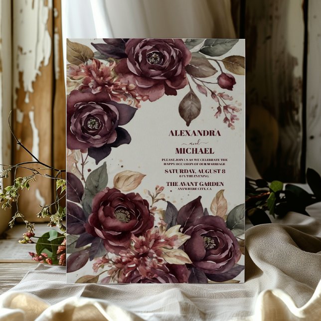 Convites Casamento de Autumn Romance Burgundy Watercolor (Criador carregado)