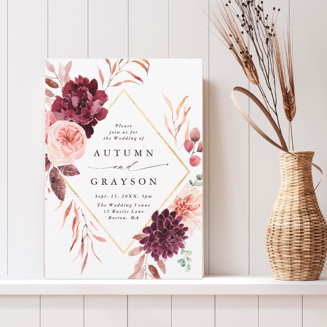 Convites Casamento de Autumn Romance Dourado Frame Burgundy (Criador carregado)