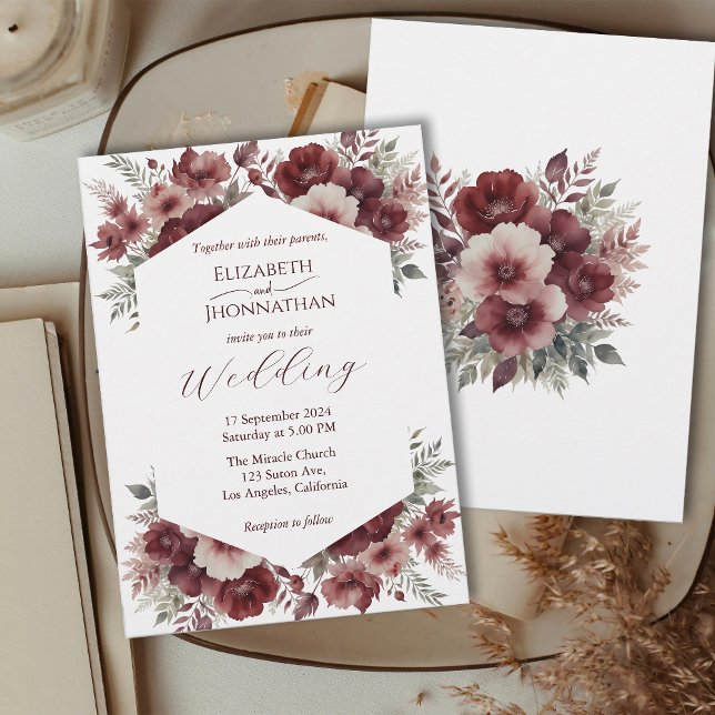 Convites Casamento de Autumn Rustic Burgundy Floral Waterco (Criador carregado)